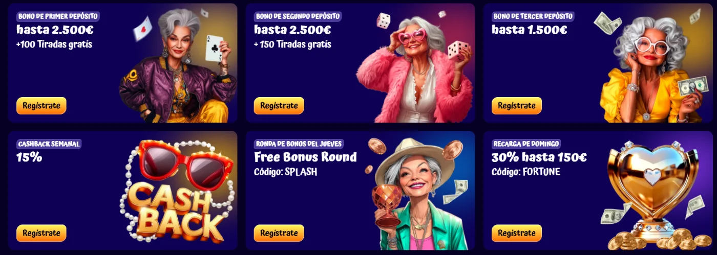 Bonos de depósito, cashback y promociones de SpinGranny Casino Bonos y promociones de SpinGranny Casino con recompensas por primer, segundo y tercer depósito, cashback semanal, ronda de bonos y recarga del domingo