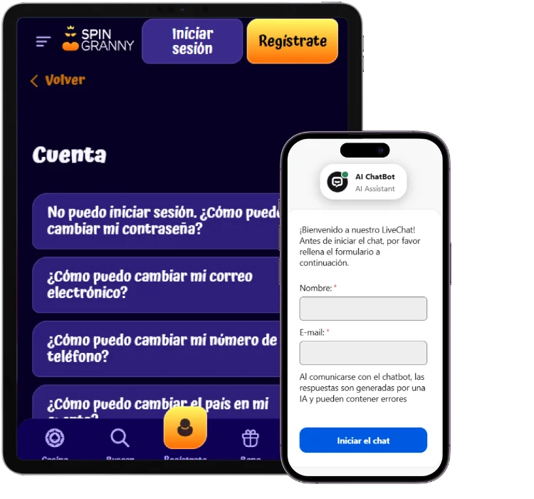 Soporte al cliente y chat de ayuda de SpinGranny Casino Centro de ayuda de SpinGranny Casino en tablet con preguntas sobre la cuenta y chat de atención al cliente con asistente virtual desde el móvil