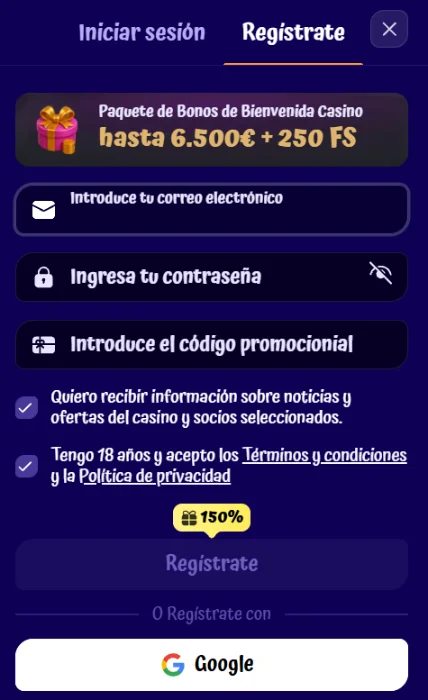 Registro en SpinGranny Casino con bono de bienvenida y tiradas gratis Formulario de registro de SpinGranny Casino con paquete de bonos de bienvenida de hasta 6.500 € y 250 tiradas gratis, código promocional y acceso con Google