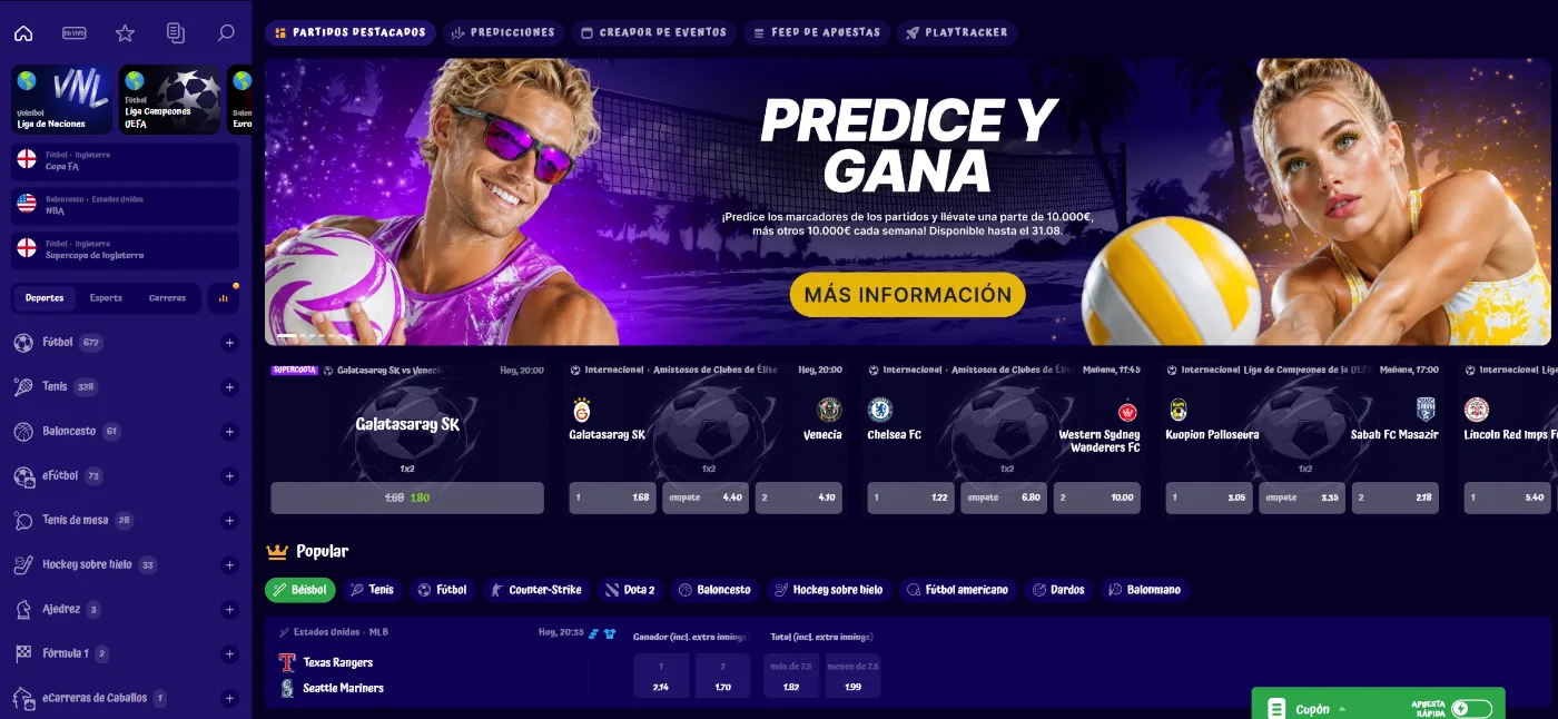 Apuestas deportivas y eventos destacados en SpinGranny Casino Sección de apuestas deportivas de SpinGranny Casino con fútbol, tenis, baloncesto, esports y otros eventos, cuotas y partidos destacados