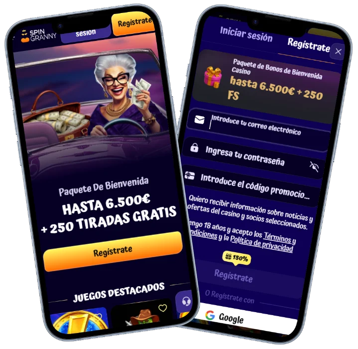SpinGranny Casino móvil con bono de bienvenida y registro Versión móvil de SpinGranny Casino con paquete de bienvenida de hasta 6.500 € y 250 tiradas gratis junto al formulario de registro para nuevos jugadores